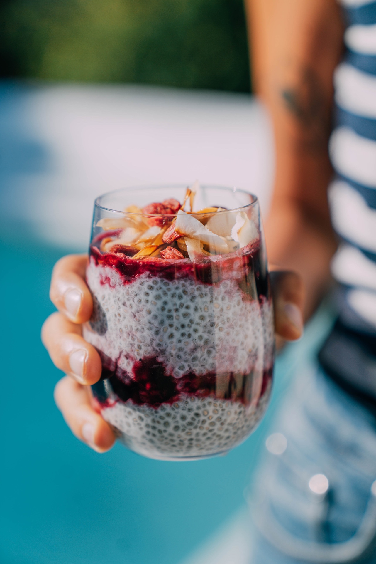 Chia parfait with berries by the pool